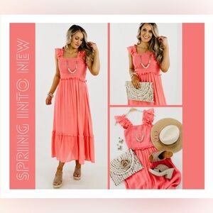 Mod boutique, Jolene flutter sleeve, smocked tiered dress in salmon.